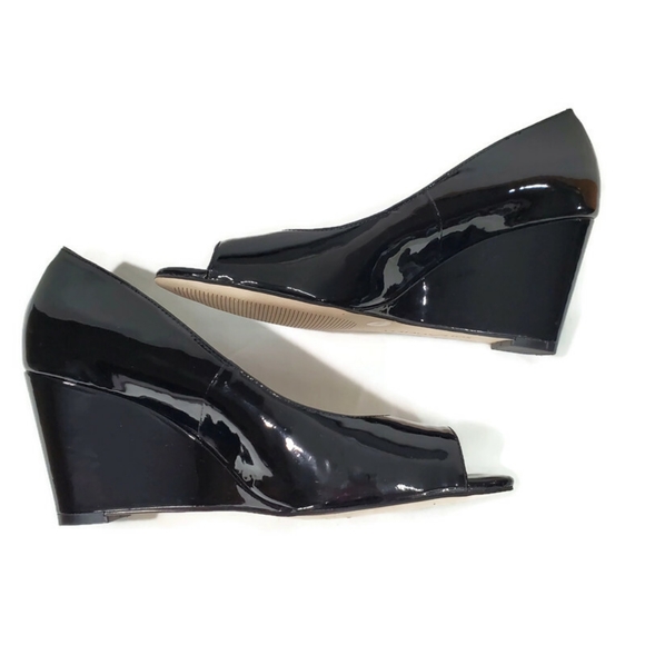 Sole Society Patent Leather Chaya Wedge Sandal Black Size 7.5 3" Wedge Peep-toe - Picture 4 of 10